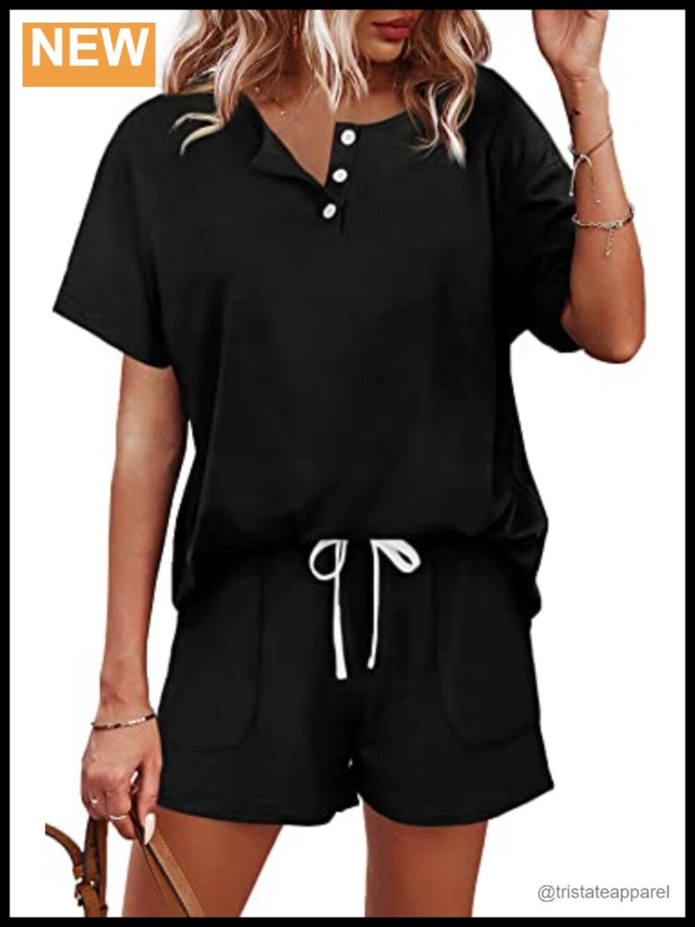 Two Piece Lounge Set Button Down Top & Drawstring Shorts with Pockets